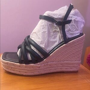 Sam Edelman Black Woven-Strap Espadrille Wedge Sandals